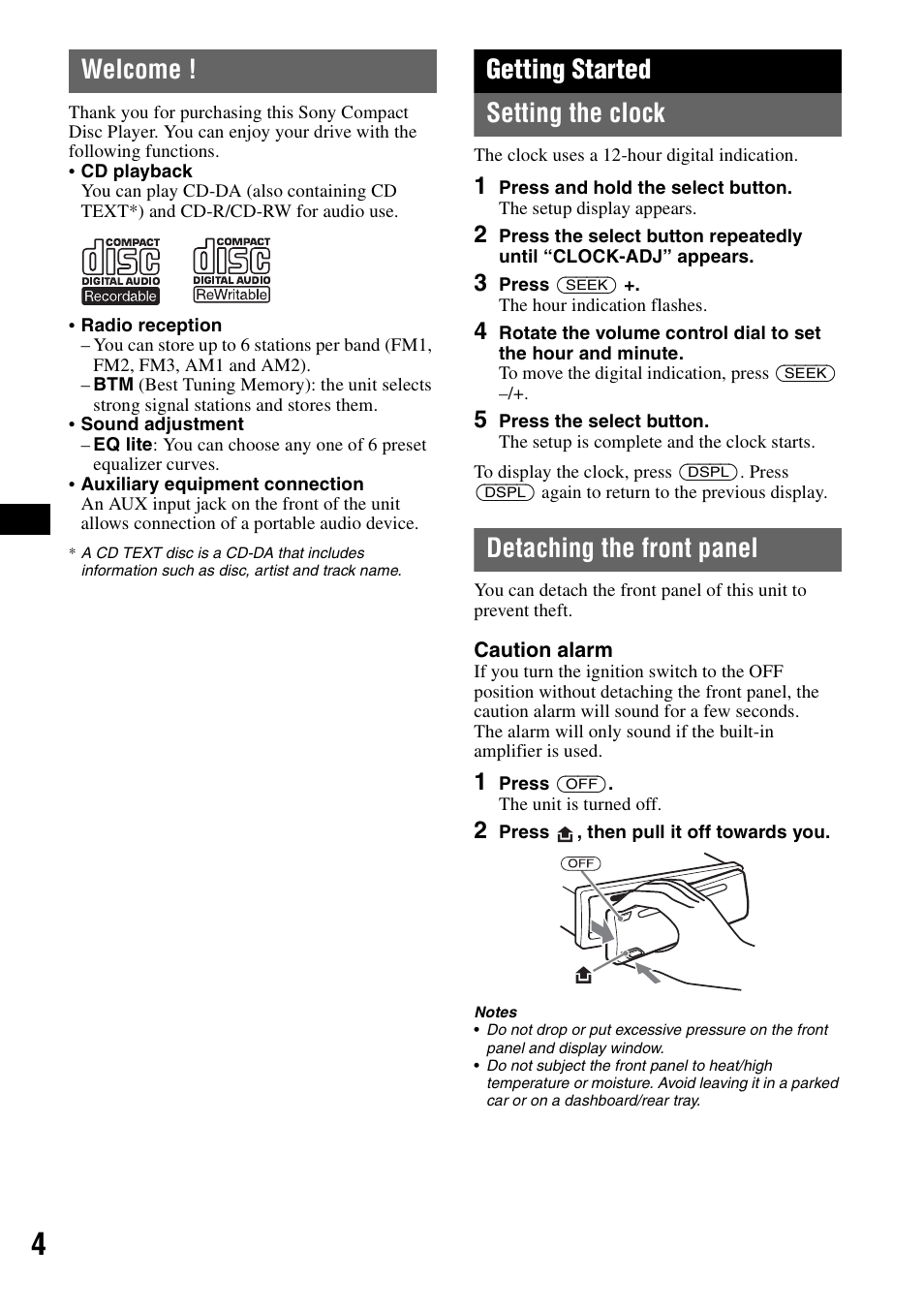 Welcome, Getting started, Setting the clock | Sony CDX-GT110 Manuel d'utilisation | Page 4 / 28