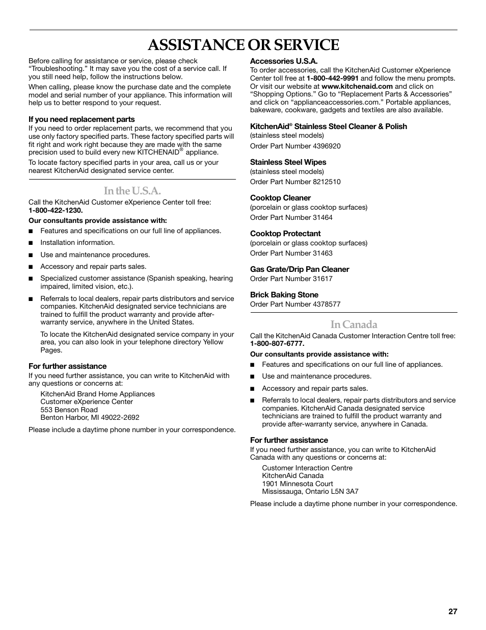 Assistance Or Service Kitchenaid Architect Series Ii Kgss907 Assistance Or Service Kitchenaid Architect Series Ii Kgss907 Manuel D Utilisation Page 27 56