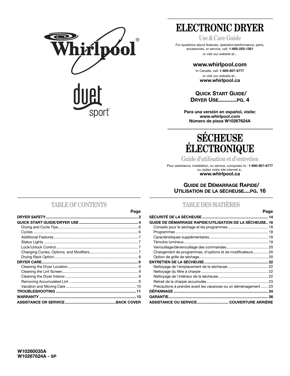 Whirlpool DUET SPORT W10260035A Manuel d