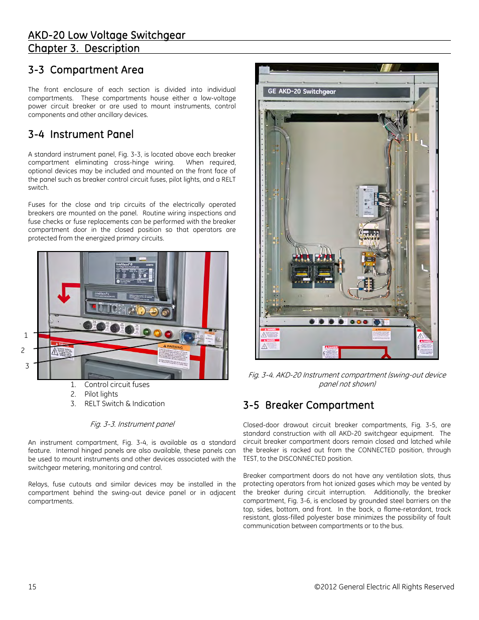 3 compartment area, 4 instrument panel, 5 breaker compartment | GE Industrial Solutions AKD-20 Low Voltage Switchgear Manuel d'utilisation | Page 15 / 69