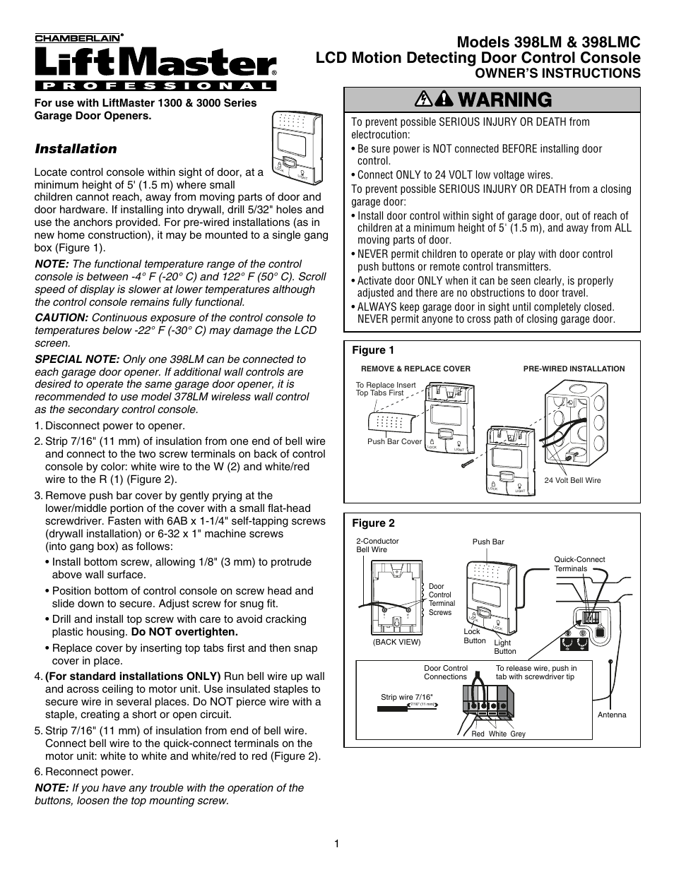 LiftMaster 398LM Smart Control Panel Manuel d