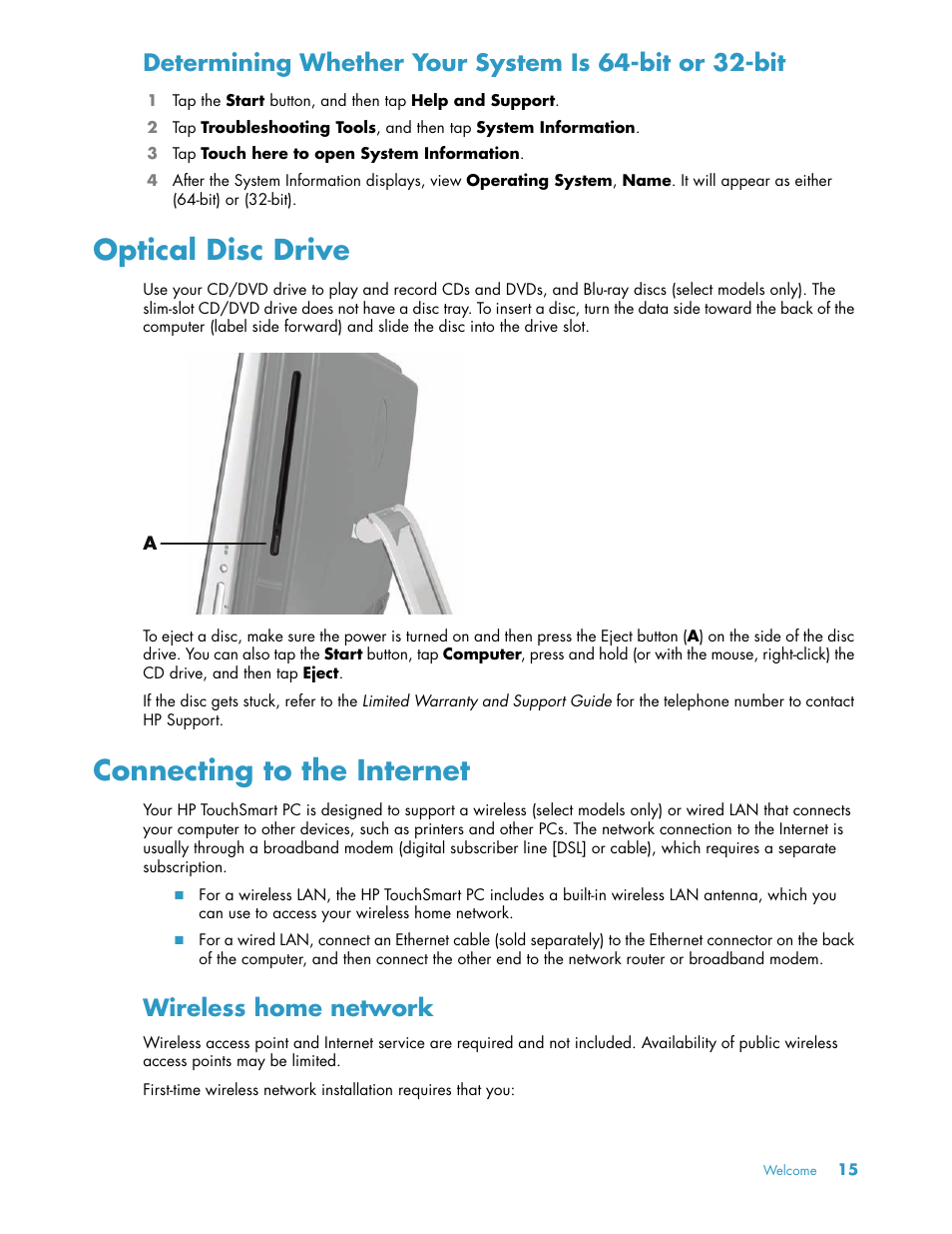 Optical disc drive, Connecting to the internet, Wireless home network | HP TouchSmart 600-1152 Desktop PC Manuel d'utilisation | Page 21 / 148