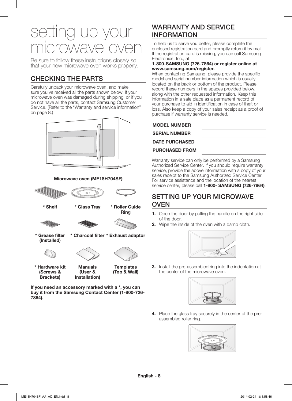 Setting up your microwave oven, Checking the parts, Warranty and