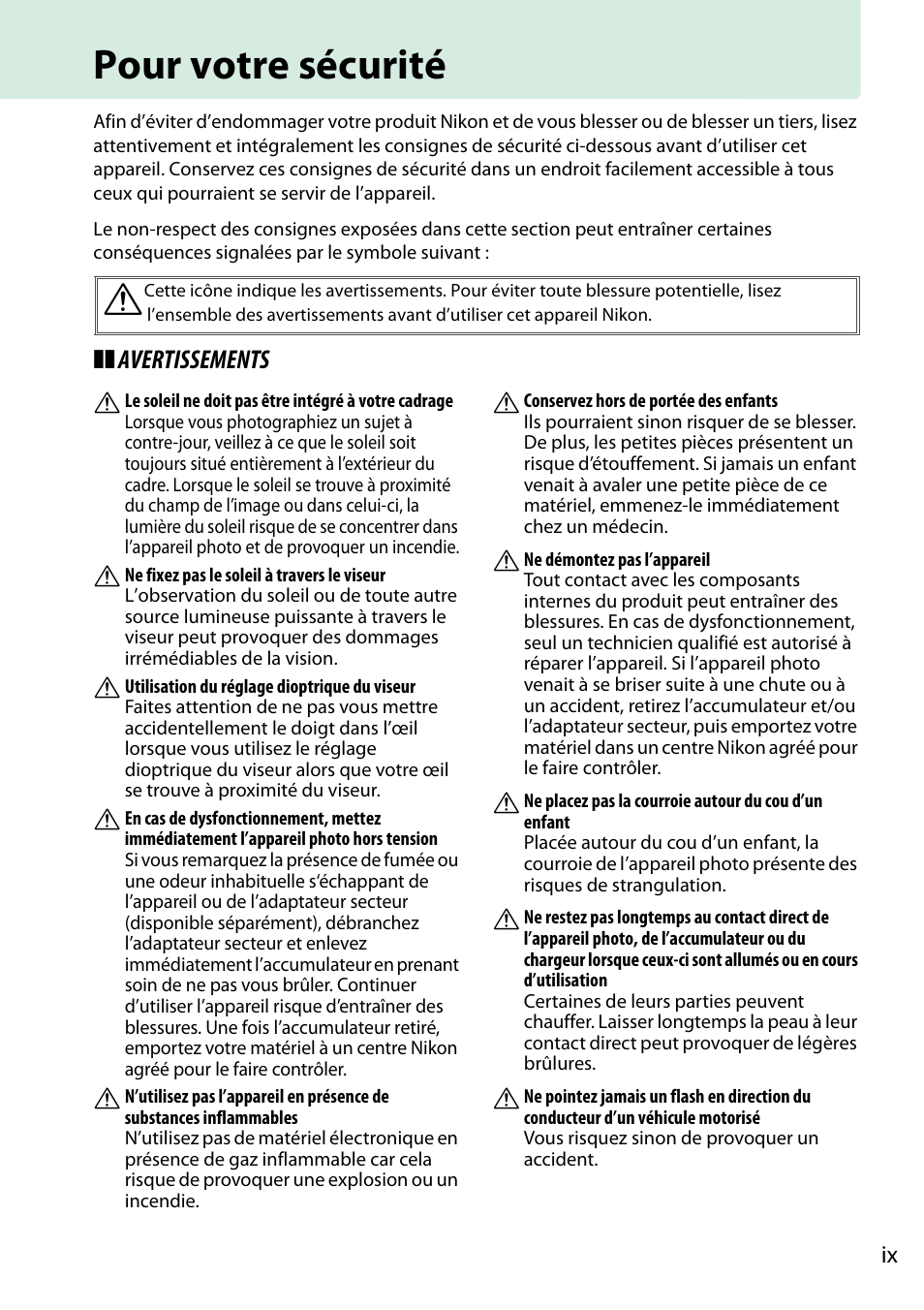 Pour votre sécurité, Avertissements a Nikon D3200 Manuel d