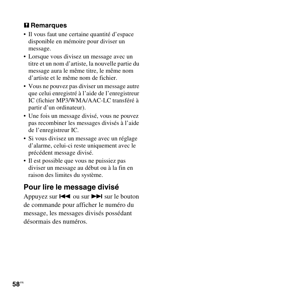 Pour lire le message divisé | Sony ICD-UX200 Manuel d'utilisation | Page 58 / 128