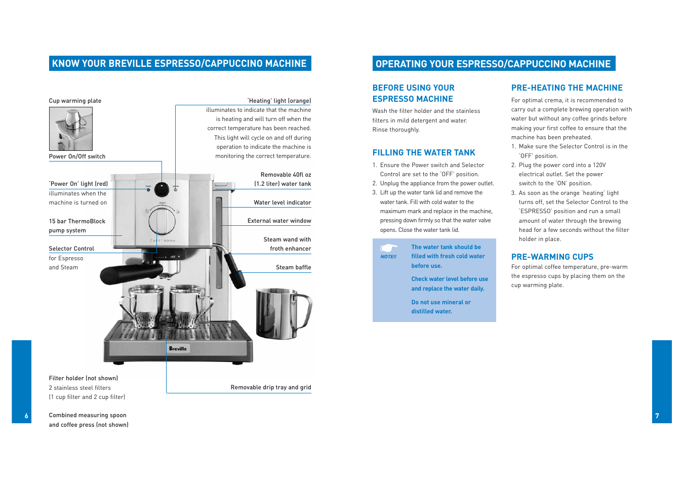Operating your espresso/cappuccino machine, Know your breville espresso