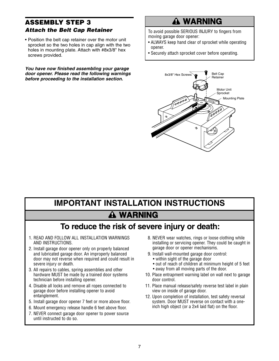 Attach Belt Cap Retainer Important Installation Instructions
