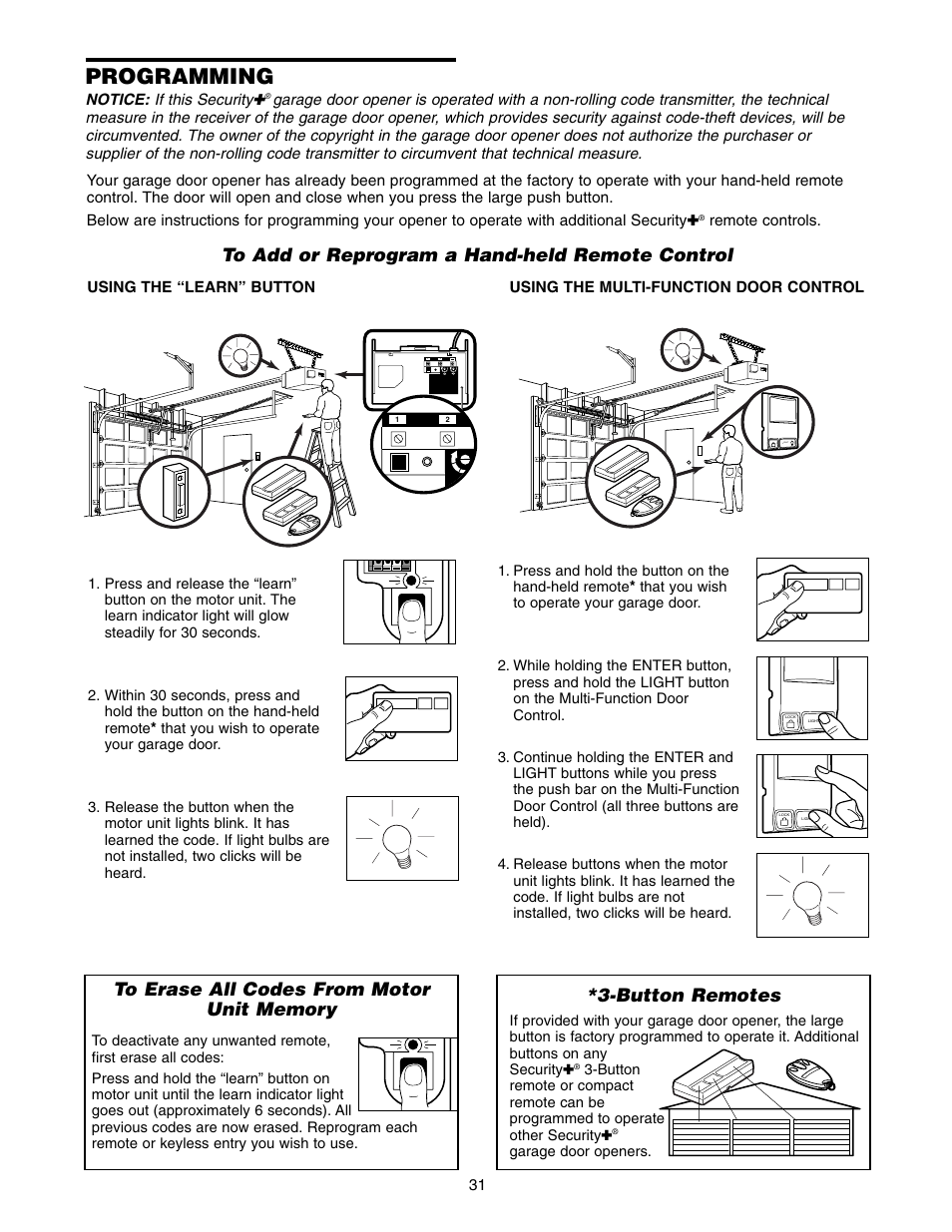 programming, to add or reprogram hand held remote control, button