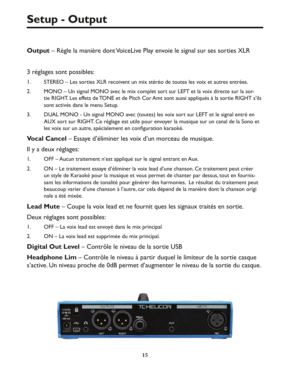 Setup output TCHelicon VoiceLive Play Details Manual Manuel d