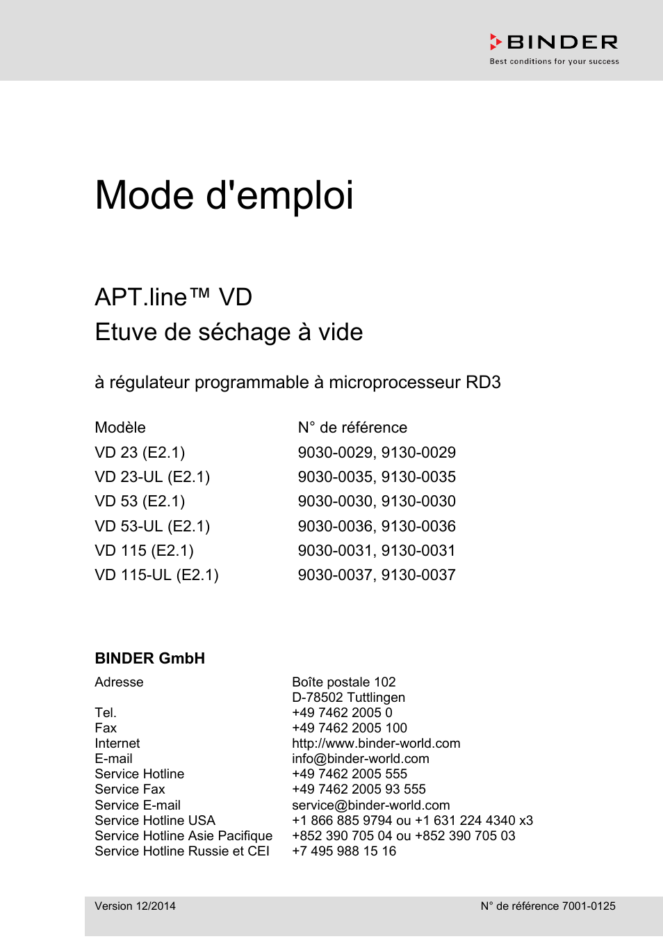 BINDER VD 23 Manuel d'utilisation Pages 89 Aussi pour VD 53, VD 115
