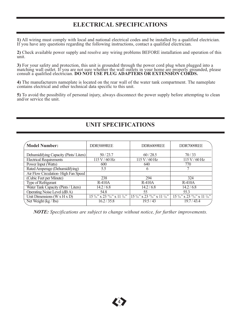 Electrical specifications unit specifications | Danby DDR5009REE Manuel d'utilisation | Page 5 / 28