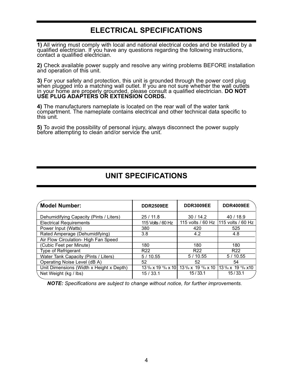 Electrical specifications, Unit specifications | Danby DDR2509EE Manuel d'utilisation | Page 5 / 24