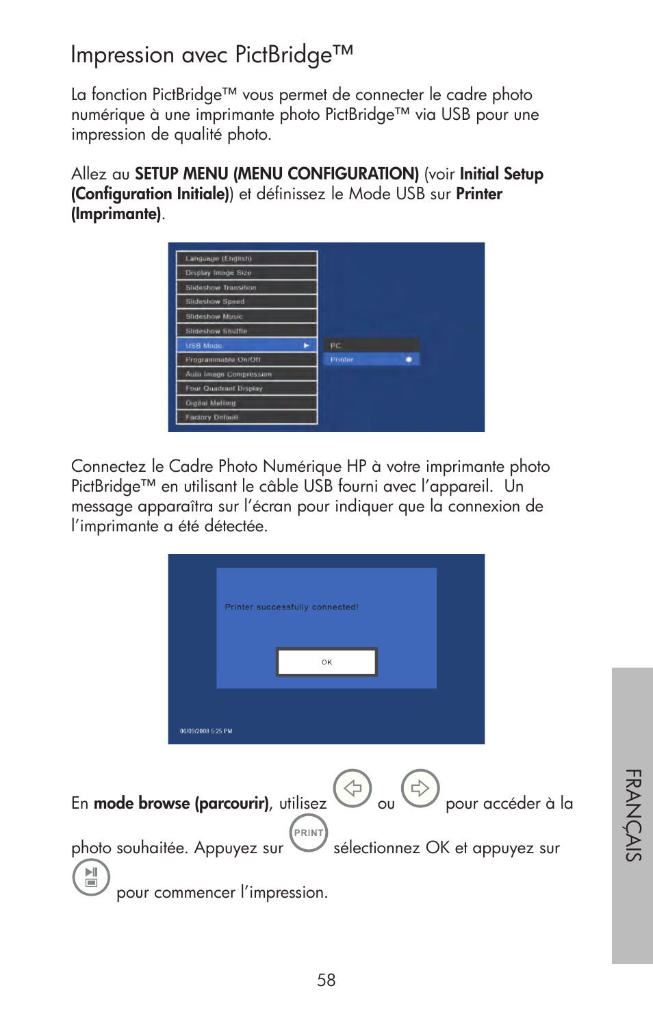 Impression avec pictbridge | HP DF720 Manuel d'utilisation | Page 59 / 80