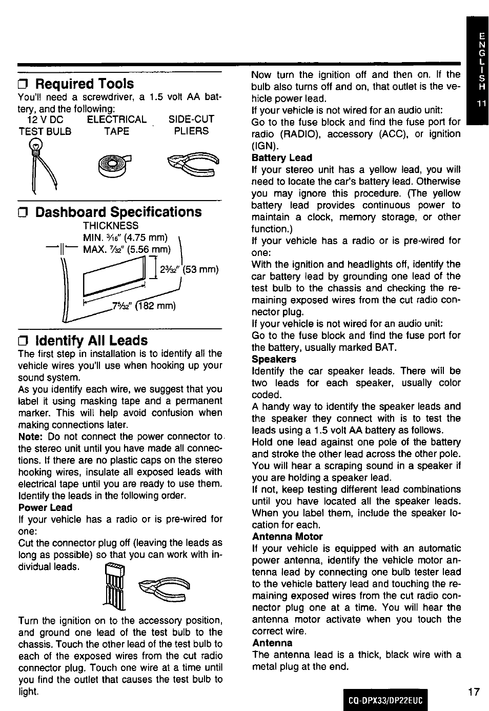 Required tools, Dashboard specifications | Panasonic CQ-DPX33 DP22EUC Manuel d'utilisation | Page 17 / 48