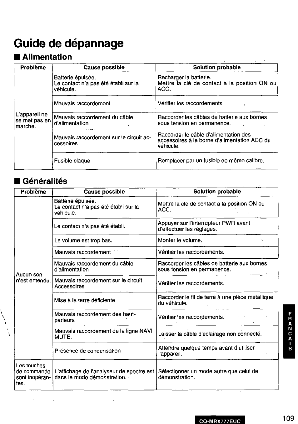 Guide de dépannage, Alimentation, Généralités | Panasonic CQ-MRX777EUC Manuel d'utilisation | Page 111 / 118