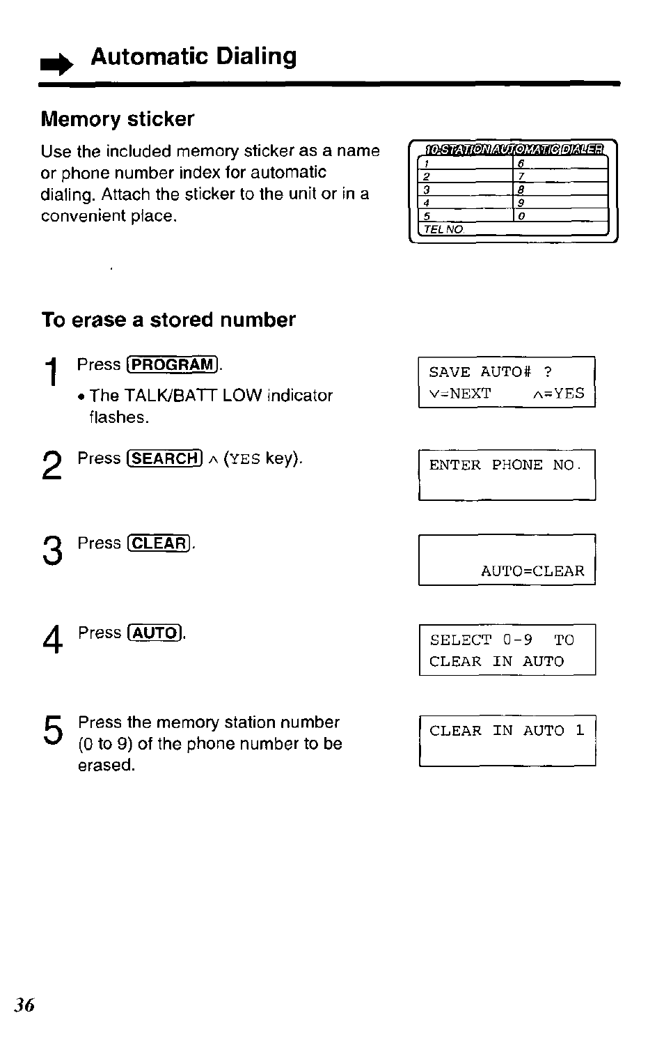 Automatic dialing, Memory sticker, To erase a stored number | Panasonic KC-TCC942-B Manuel d'utilisation | Page 36 / 80