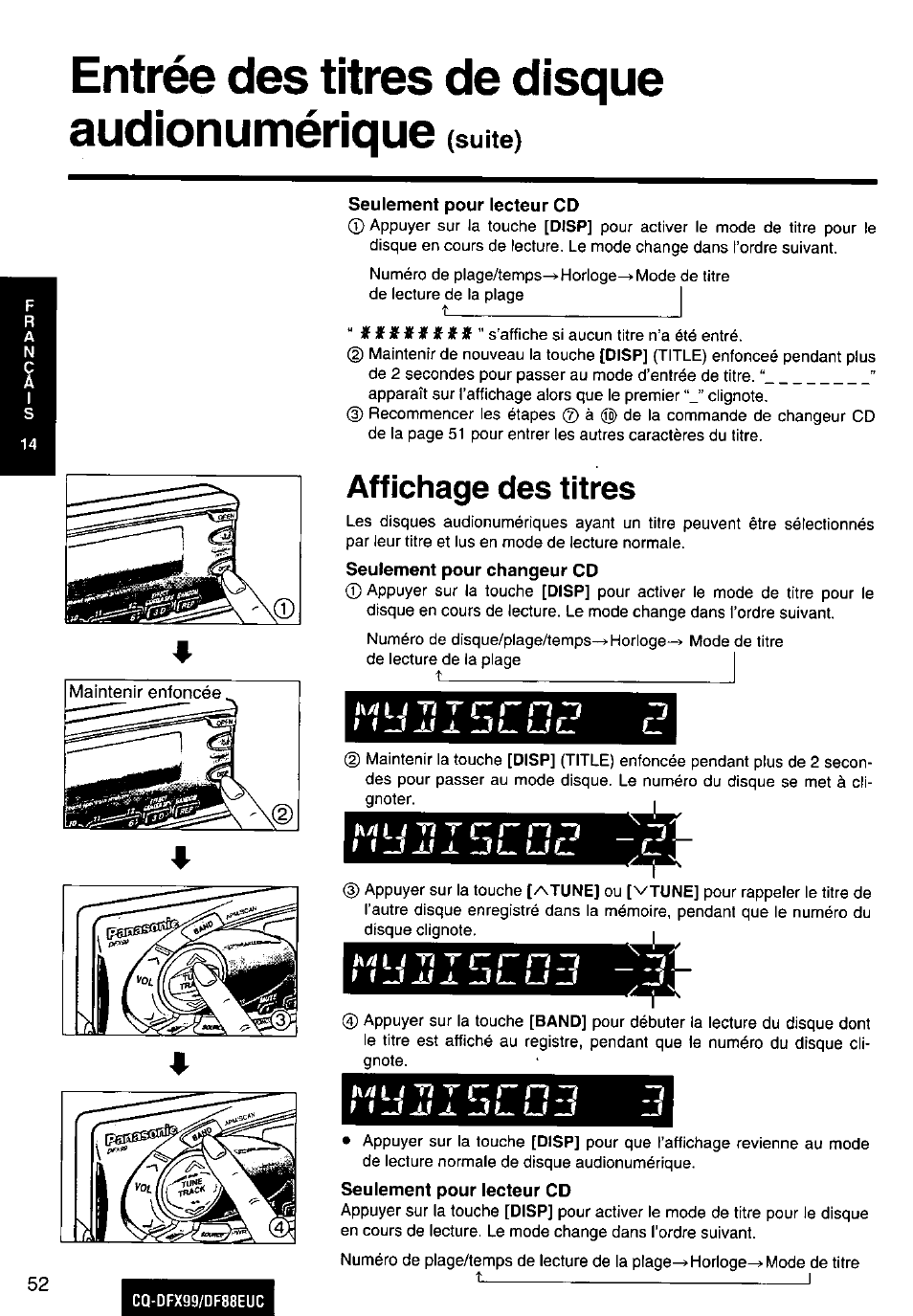 Entrée des titres de disque audionumérique (suite), Affichage des titres, L\/i | Panasonic CQ-DFX88EUC Manuel d'utilisation | Page 52 / 72