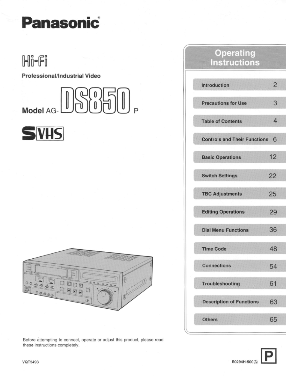 Panasonic Hi-Fi Professional/Industrial Video DS850 Manuel d'utilisation | Pages: 136