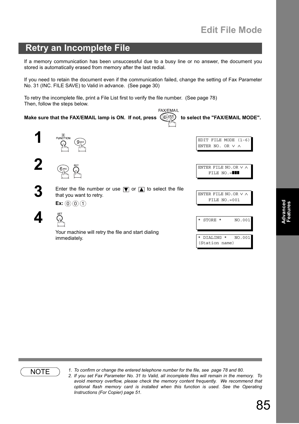 Retry an incomplete file, Edit file mode | Panasonic DP-1810F Manuel d'utilisation | Page 85 / 158