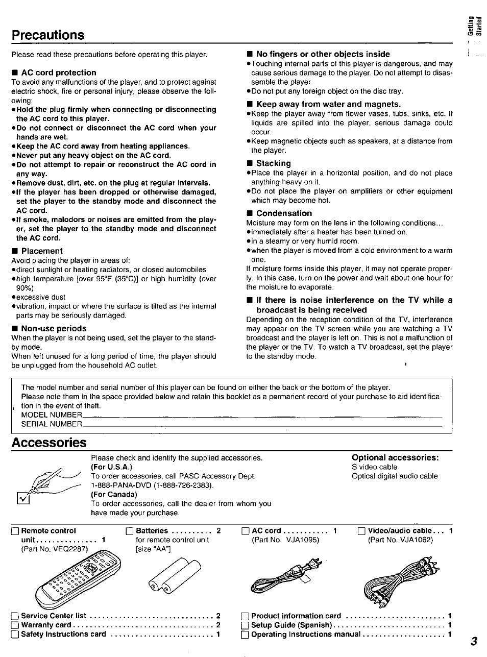 Ac cord protection, Placement, Non-use periods | No fingers or other objects inside, Keep away fronn water and magnets, Stacking, Condensation, Precautions, Accessories | Panasonic DVD-K520D Manuel d'utilisation | Page 3 / 116
