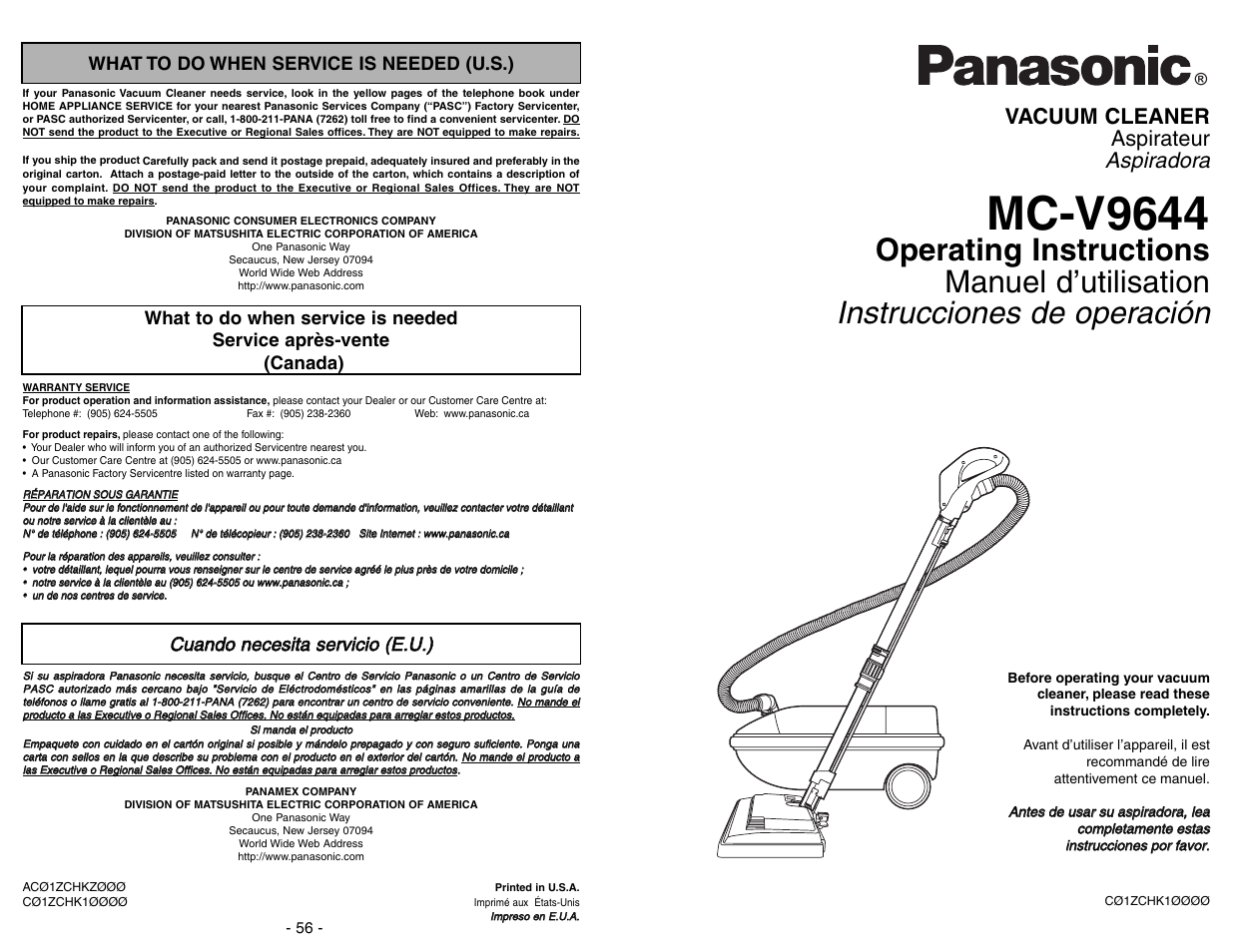 Panasonic MC-V9644 Manuel d'utilisation | Pages: 56
