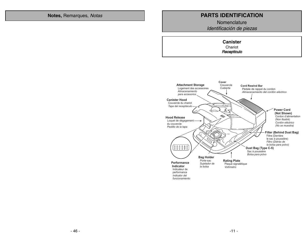 Parts identification, Nomenclature identificación de piezas, Canister | Panasonic MC-V9644 Manuel d'utilisation | Page 11 / 56