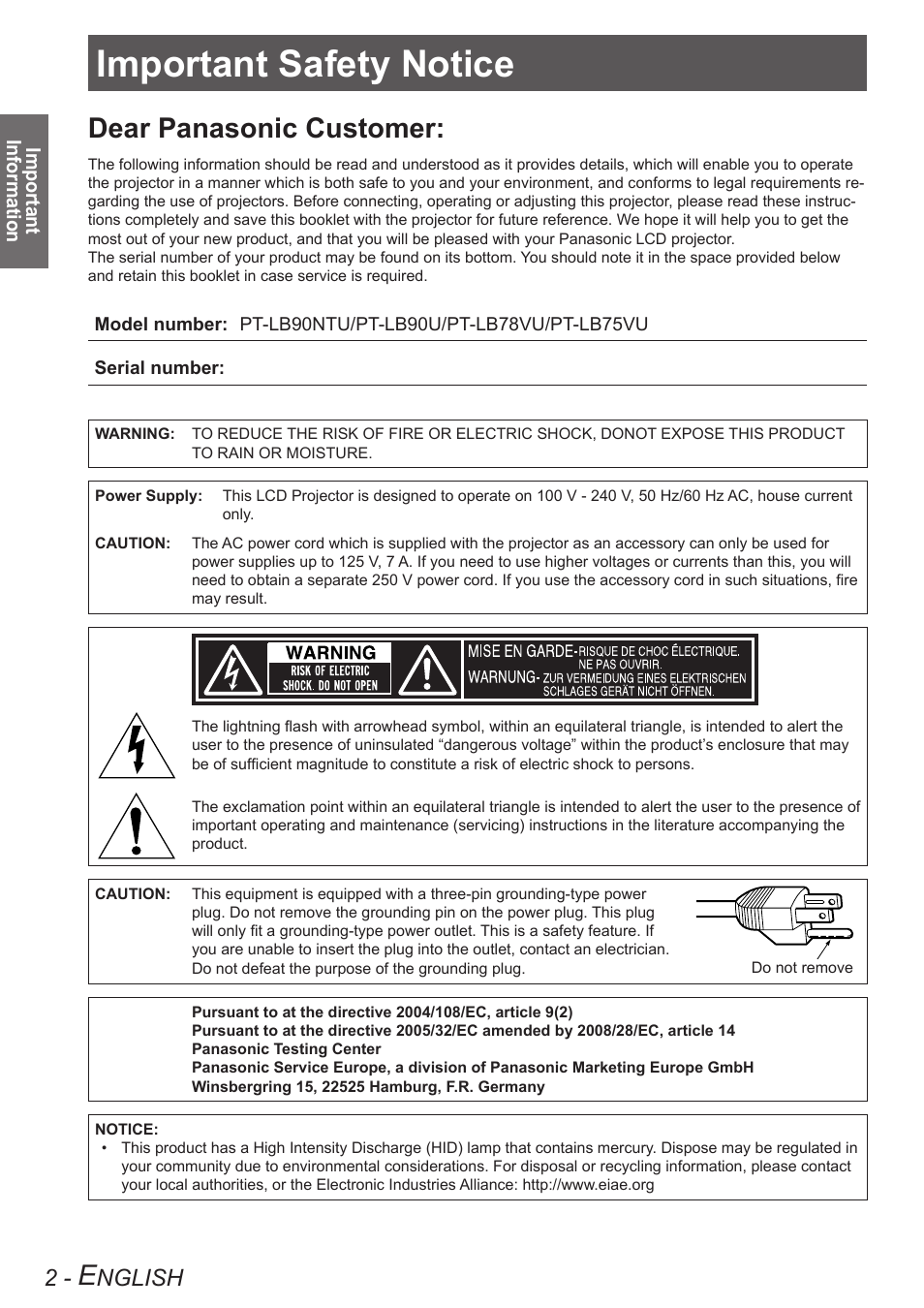 Important information, Important safety notice, Dear panasonic customer | Nglish | Panasonic TQBJ0302 Manuel d'utilisation | Page 2 / 68