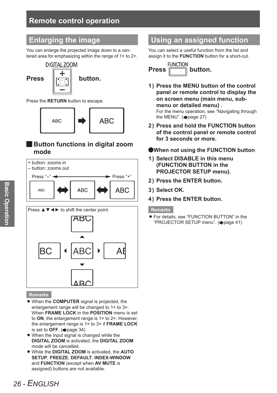 Enlarging the image, Using an assigned function, Enlarging the image using an assigned function | Remote control operation, Nglish, Press button, Button functions in digital zoom mode | Panasonic TQBJ0302 Manuel d'utilisation | Page 26 / 68