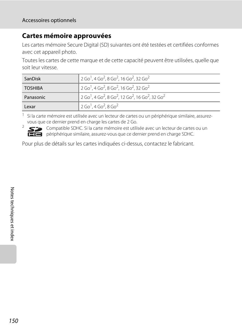 Cartes mémoire approuvées, Accessoires optionnels | Nikon Coolpix S3000 Manuel d'utilisation | Page 162 / 184