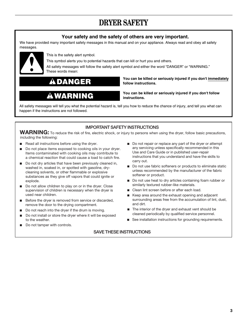 Dryer safety, Danger warning, Warning | Whirlpool Cabrio W10151493A Manuel d'utilisation | Page 3 / 48