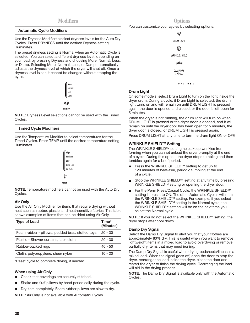 Modifiers, Options | Whirlpool Cabrio W10151493B Manuel d'utilisation | Page 20 / 48
