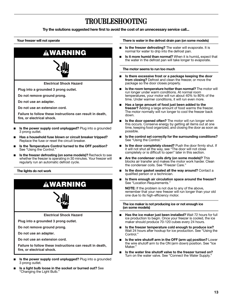 Troubleshooting, Warning | Whirlpool W10326800B Manuel d'utilisation | Page 13 / 32