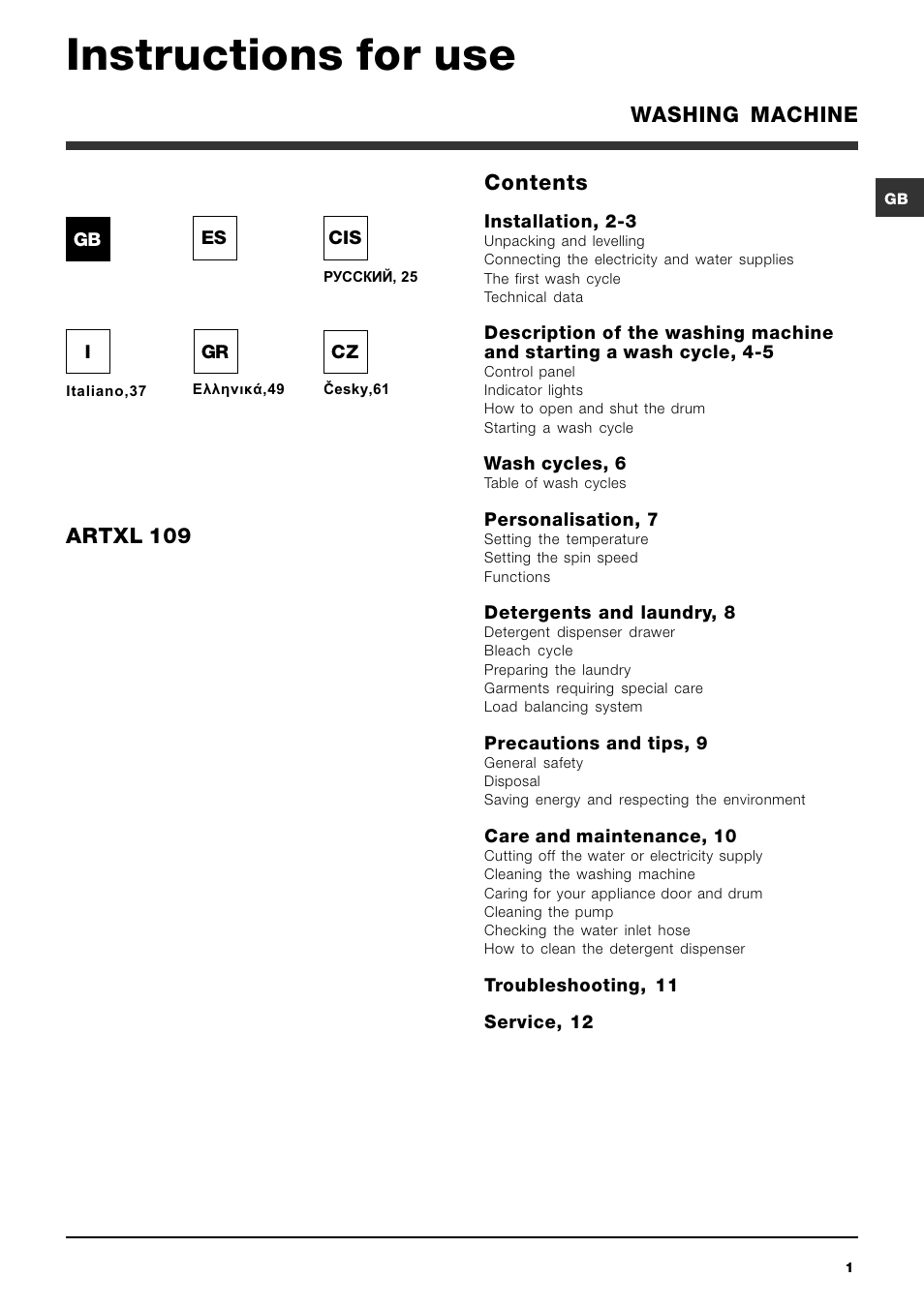 Ariston ARTXL 109 User Manual | 72 pages