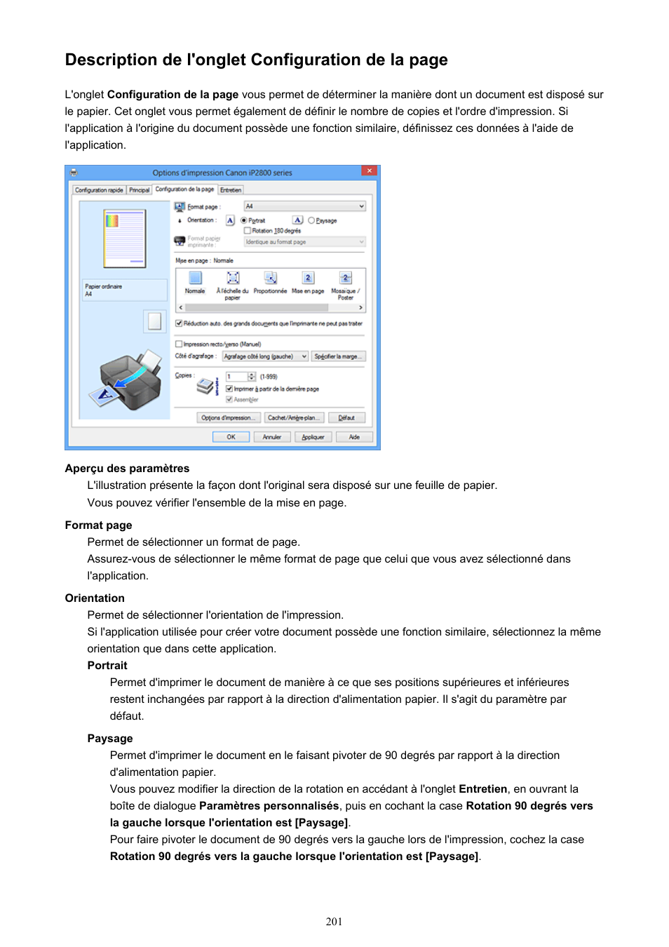 Description de l'onglet configuration de la page | Canon PIXMA iP2850 Manuel d'utilisation | Page 201 / 339