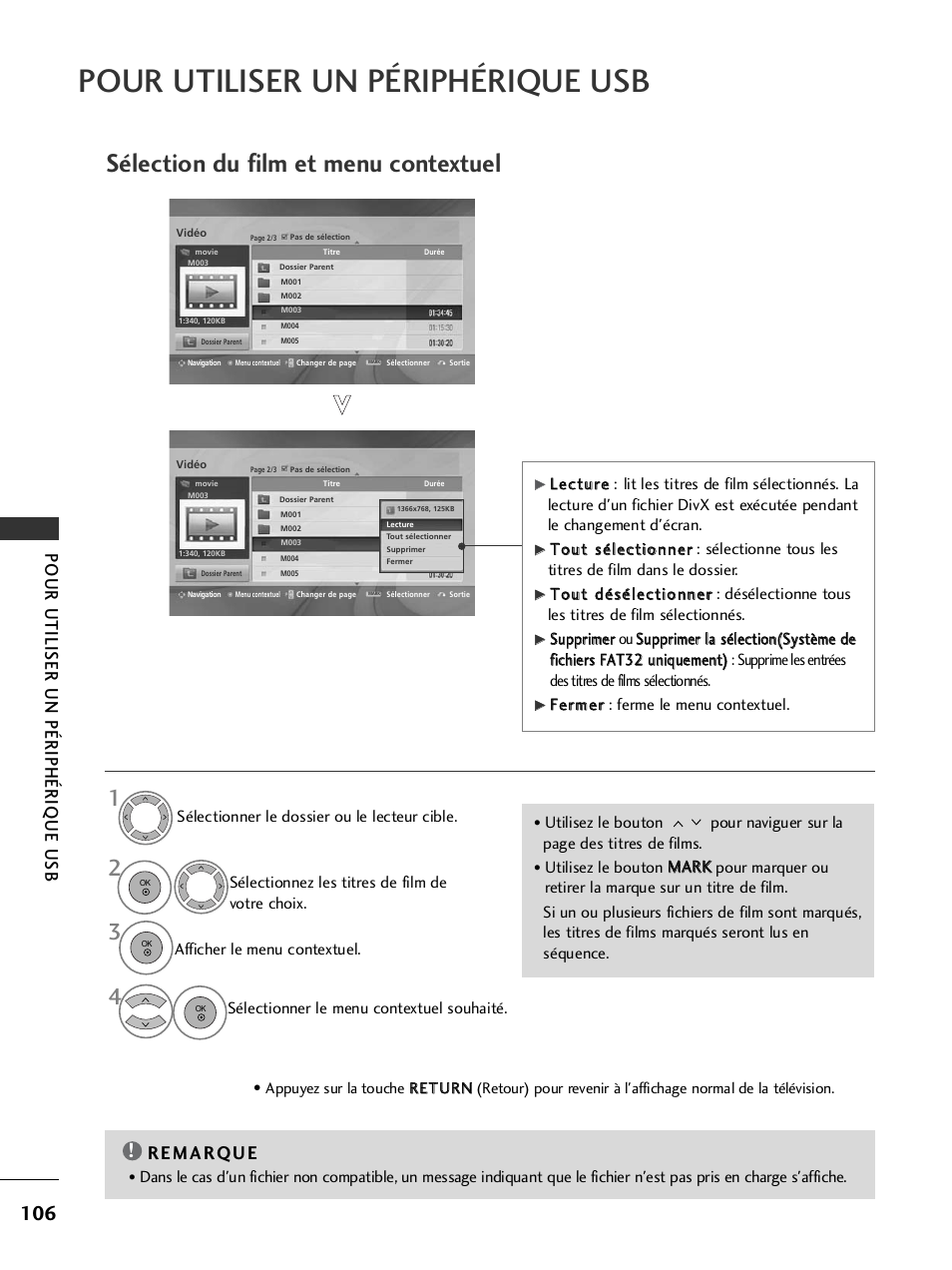 Sélection du film et menu contextuel, Pour utiliser un périphérique usb | LG 42LH9000 Manuel d'utilisation | Page 108 / 180
