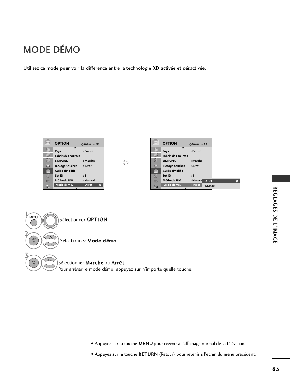 Mode démo, Régla ges de l'ima g e | LG 50PQ1100 Manuel d'utilisation | Page 85 / 124
