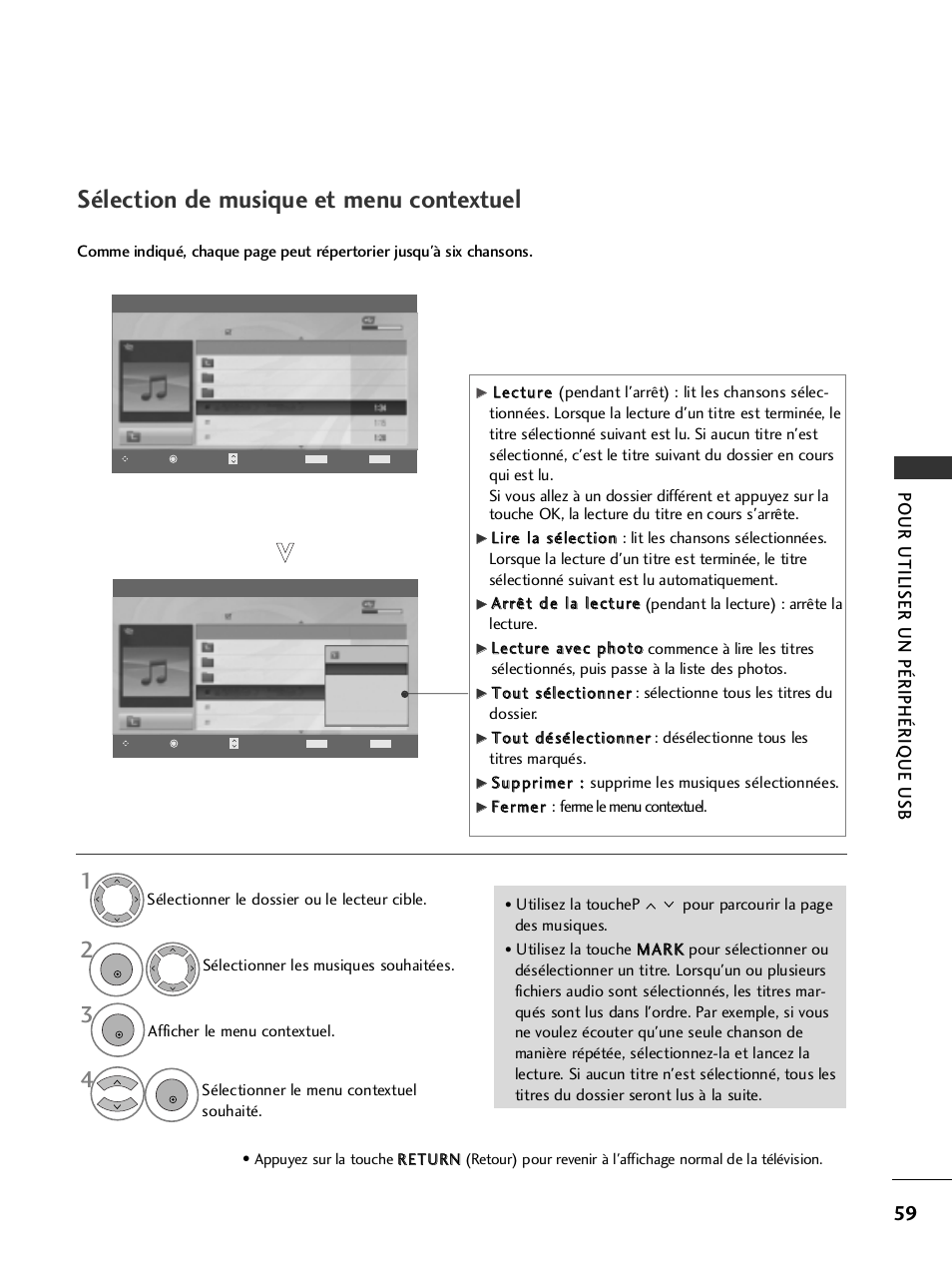 Sélection de musique et menu contextuel, Pour utiliser un périphérique usb | LG 50PQ6000 Manuel d'utilisation | Page 61 / 124