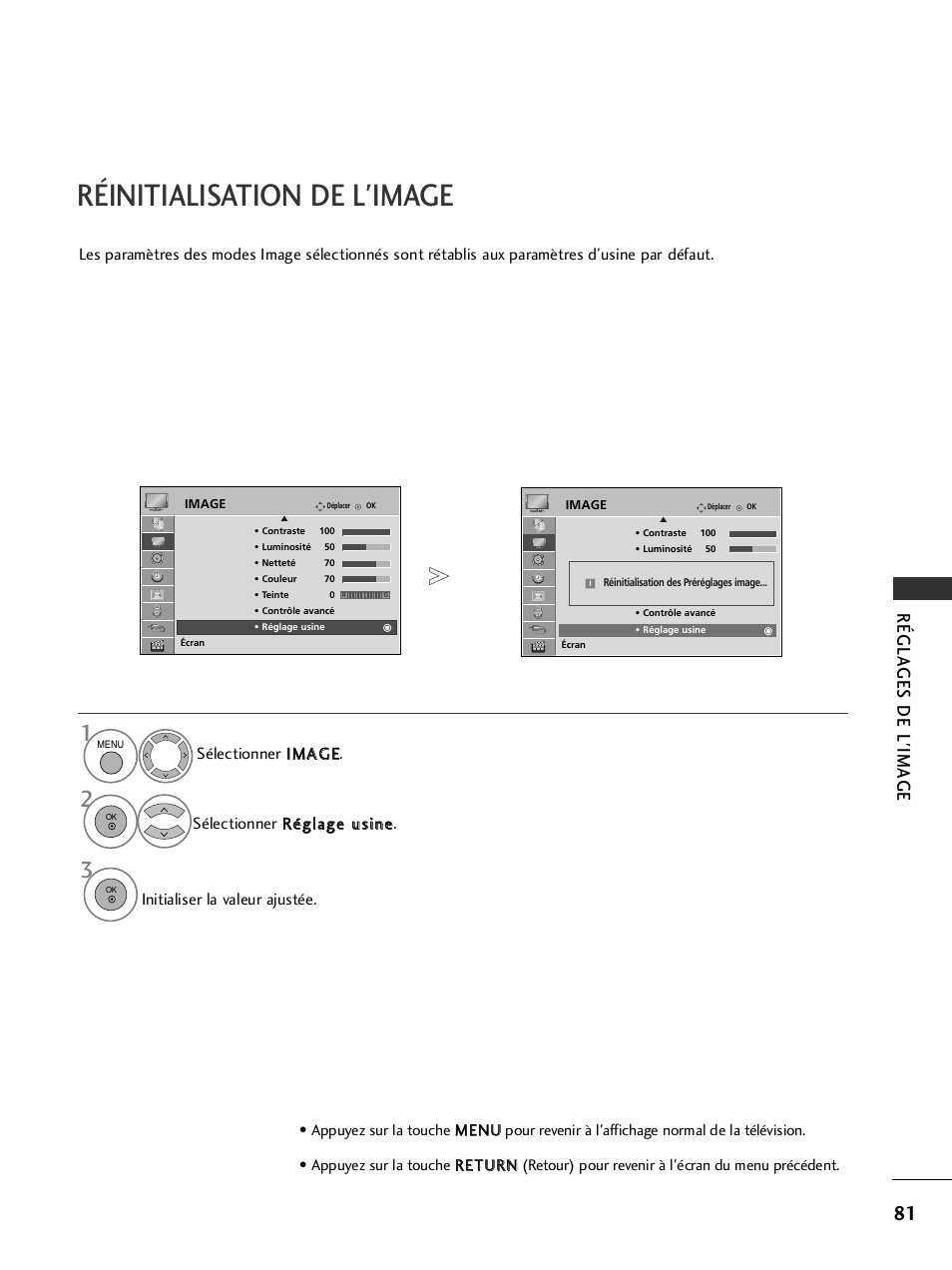 Réinitialisation de l'image, Régla ges de l'ima g e | LG 50PQ6000 Manuel d'utilisation | Page 83 / 124