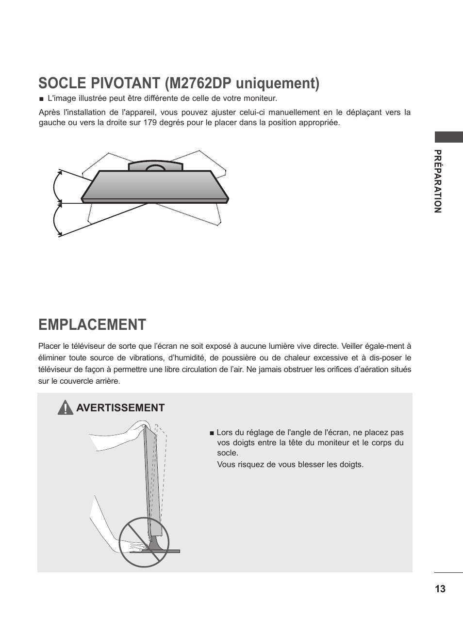 Socle pivotant (m2762dp uniquement), Emplacement | LG M2262D-PC Manuel d'utilisation | Page 13 / 154