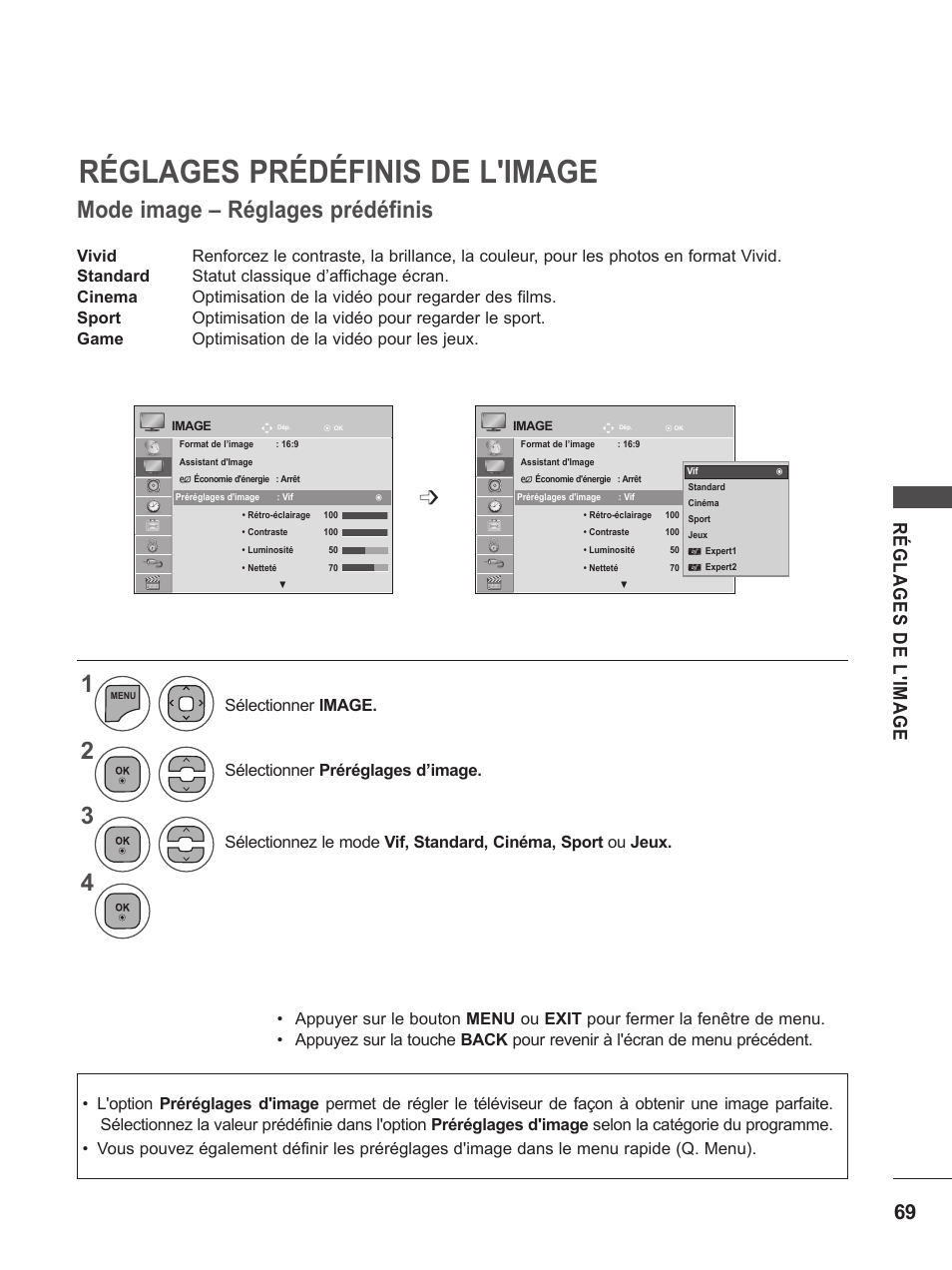 Réglages prédéfinis de l'image, Mode image – réglages prédéfinis | LG M2262D-PC Manuel d'utilisation | Page 69 / 154