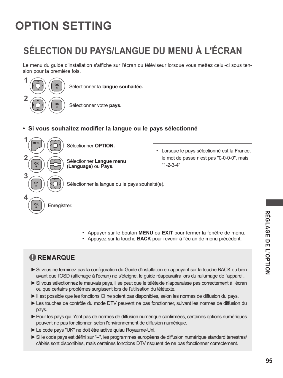 Option setting, Sélection du pays/langue du menu à l'écran, Sélection du pays/langue du menu à | L'écran | LG M2262D-PC Manuel d'utilisation | Page 95 / 154
