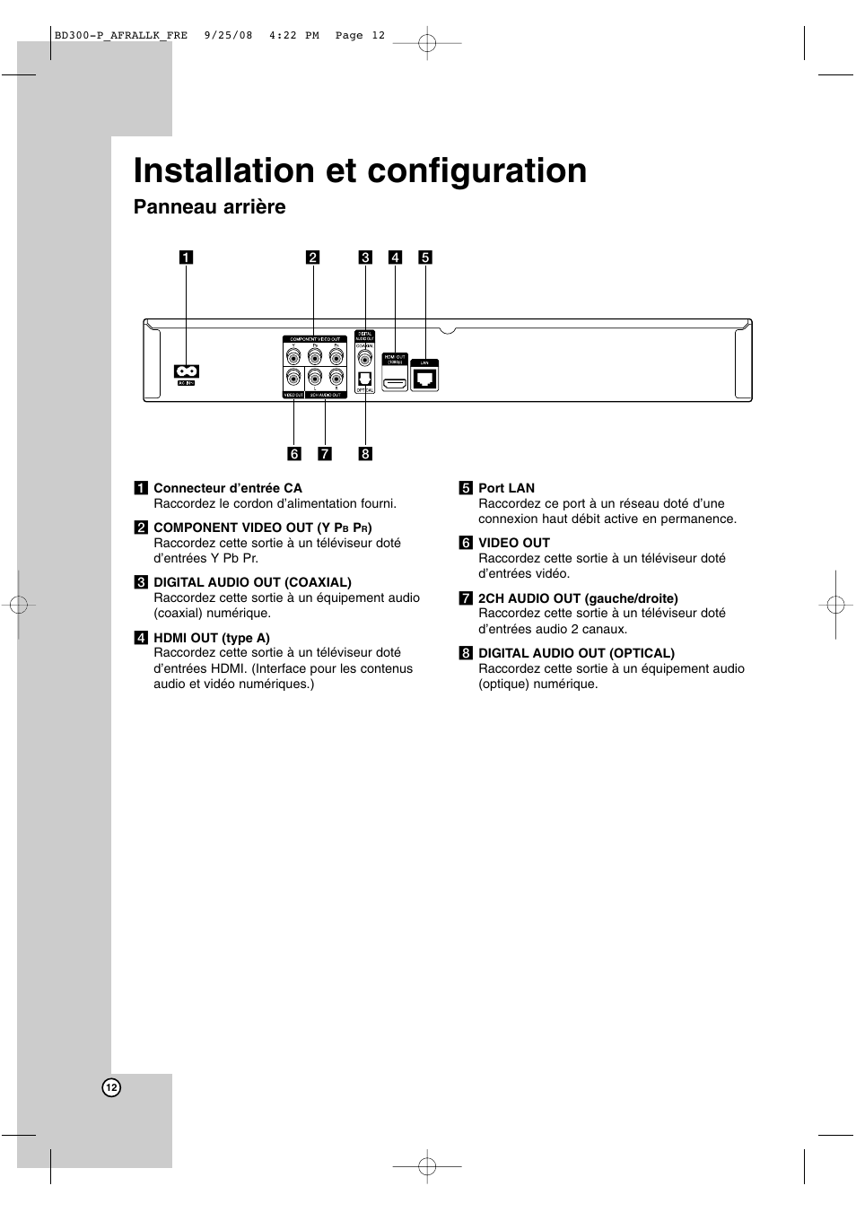 Installation et configuration, Panneau arrière | LG BD300 Manuel d'utilisation | Page 12 / 40