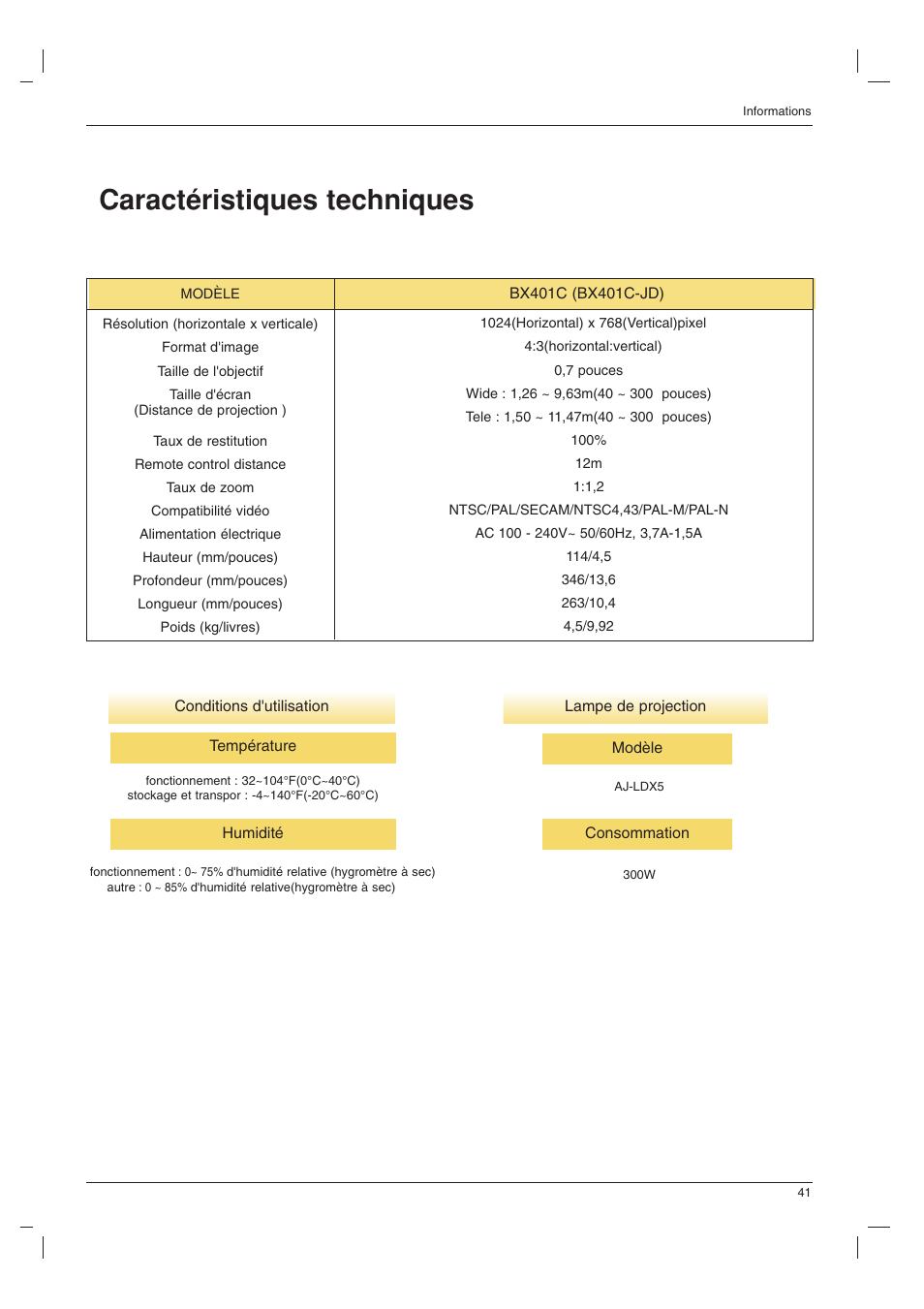 Caractéristiques techniques | LG BX401C Manuel d'utilisation | Page 41 / 42