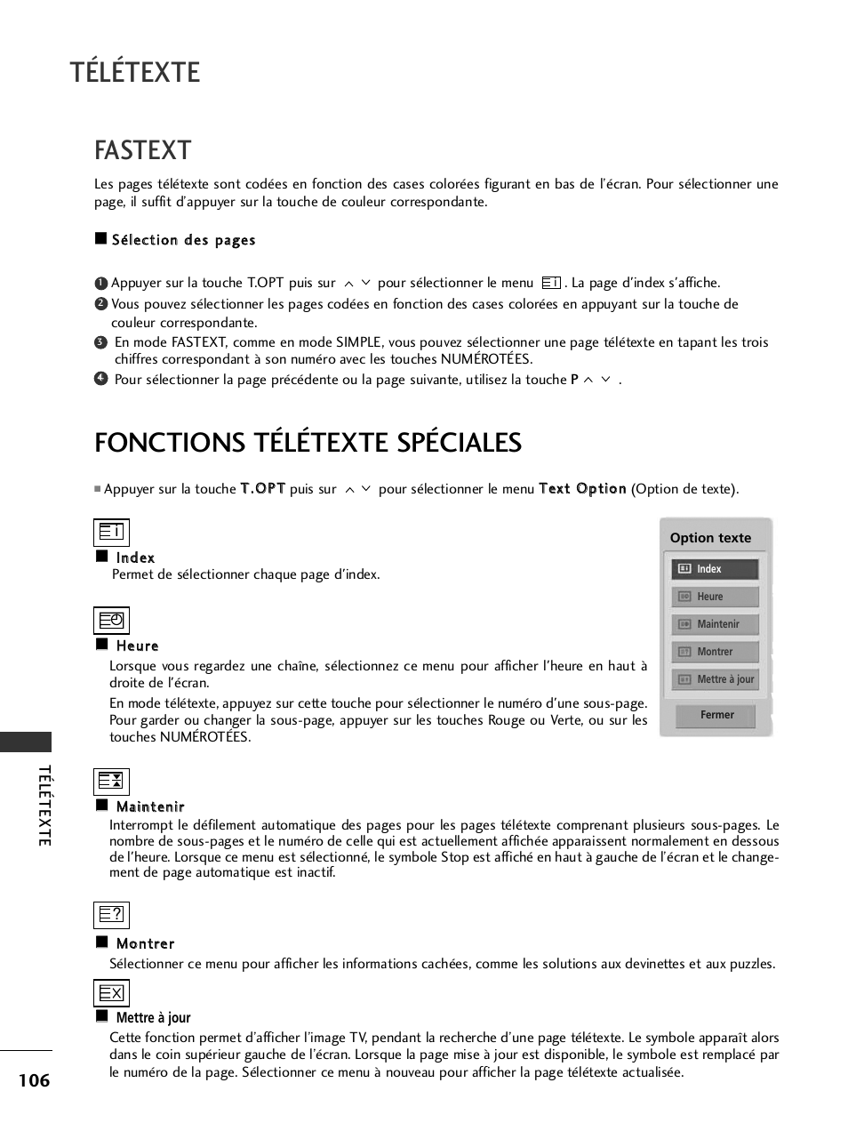Fastext, Fonctions télétexte spéciales, Télétexte | LG 50PQ1000 Manuel d'utilisation | Page 108 / 124
