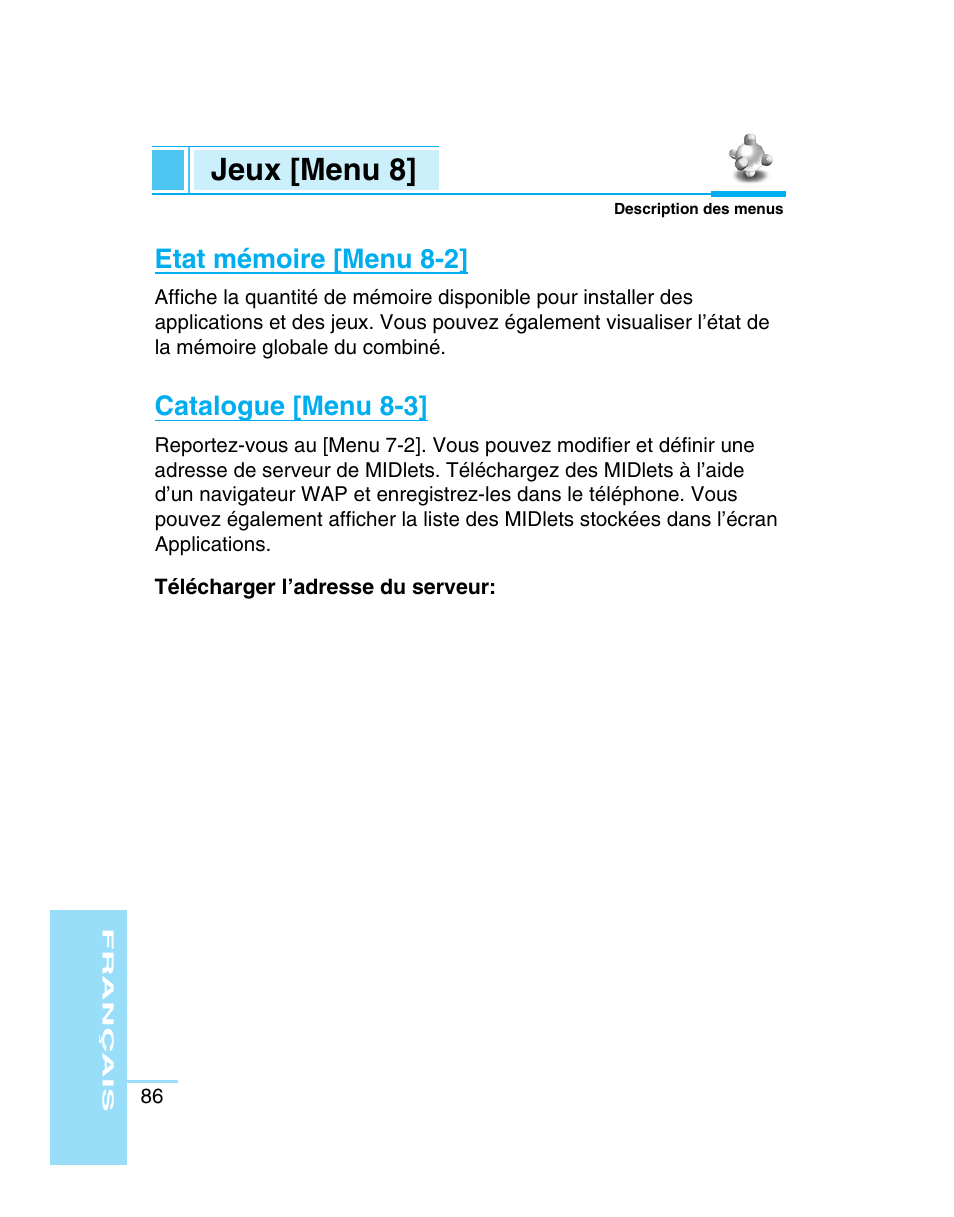 Jeux [menu 8, Etat mémoire [menu 8-2, Catalogue [menu 8-3 | LG G5310 Manuel d'utilisation | Page 87 / 201