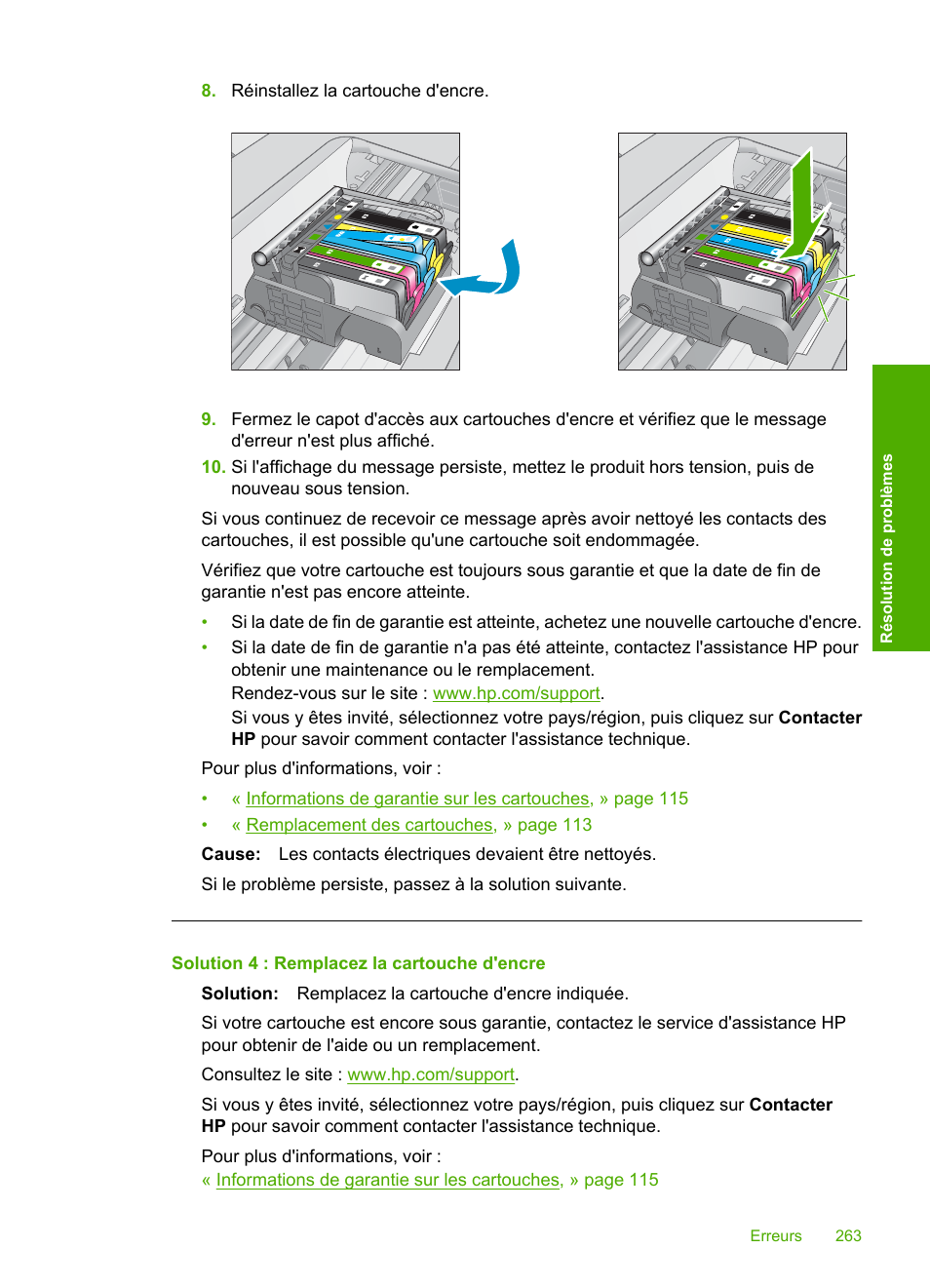 Solution 4 : remplacez la cartouche d'encre | HP Imprimante tout-en-un HP Photosmart Premium C309a Manuel d'utilisation | Page 265 / 318