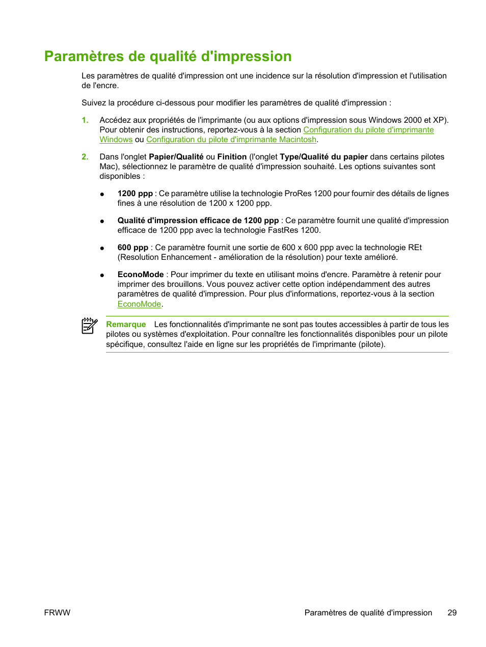 Paramètres de qualité d'impression | HP LaserJet P2015 Manuel d'utilisation | Page 39 / 170