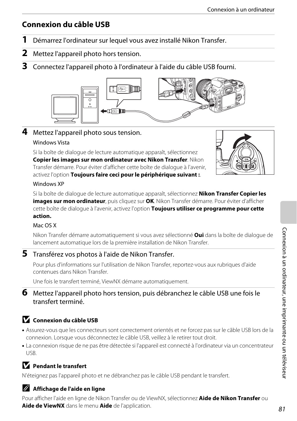 Connexion du câble usb | Nikon D60 Manuel d'utilisation | Page 93 / 204