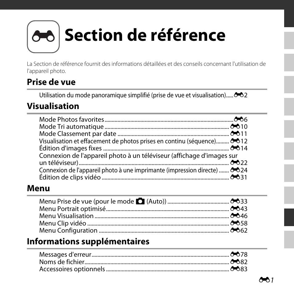 Section de référence, Prise de vue, Visualisation | Menu, Informations supplémentaires | Nikon COOLPIX-L620 Manuel d'utilisation | Page 99 / 212
