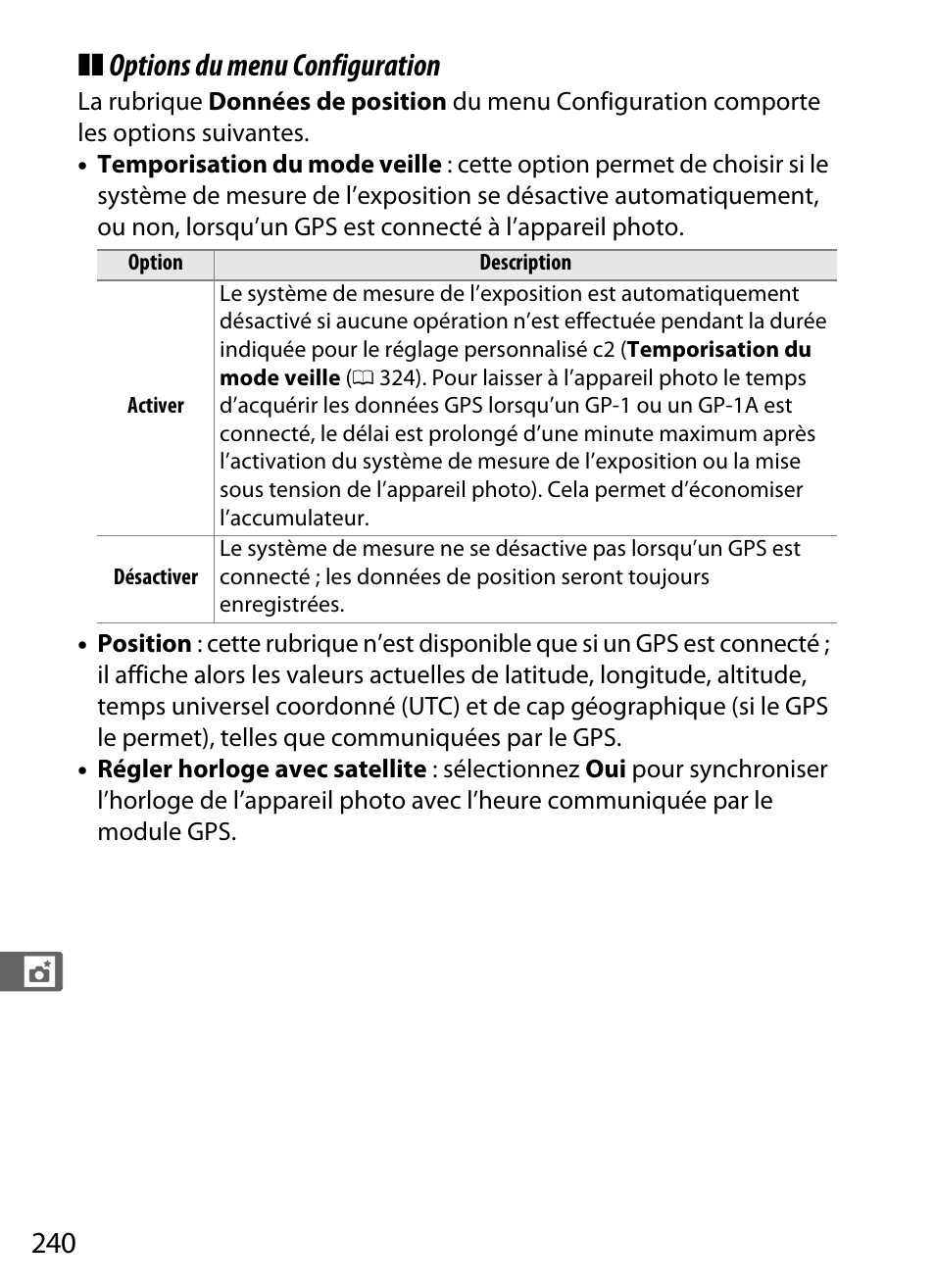 Options du menu configuration | Nikon D4S Manuel d'utilisation | Page 262 / 500